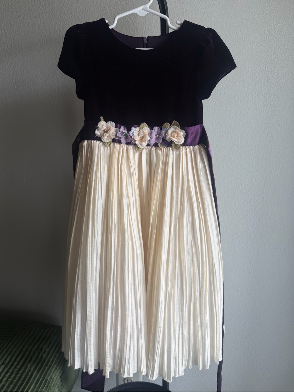Cinderella Purple Velvet Bodice with Cream Pleated Skirt Dress